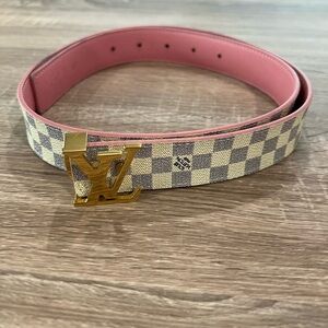 Louis Vuitton Gold Buckle Checkered Belt with Pink Interior